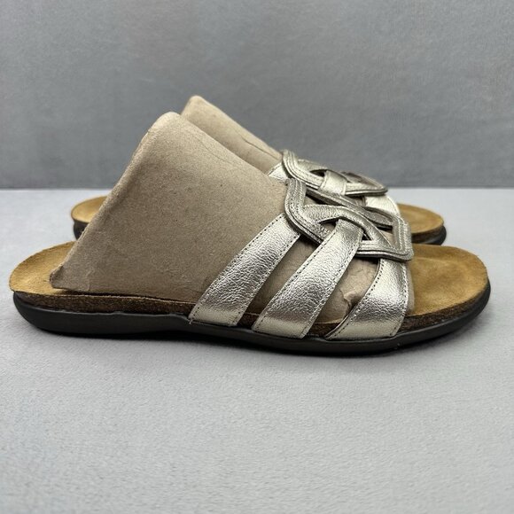 Naot Liv Womens Size 7 Sandals Radiant Gold Leather Flats Slide Cork Footbed - Picture 1 of 8